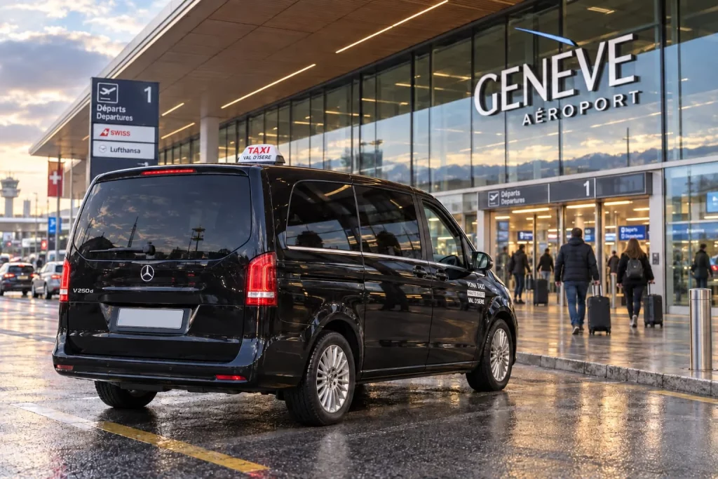 Van noir stationné devant le terminal de l’aéroport de Genève.